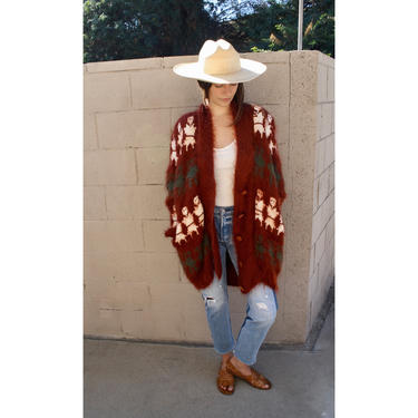 Fiber Art Cardigan Sweater // vintage knit boho hippie dress hippy 80s 70s tunic brown orange oversize jacket // O/S 