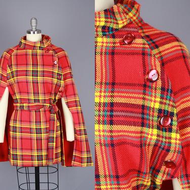 1960s PLAID CAPE | Vintage 60s 70s Asymmetrical Red Belted Cape | medium-ish 