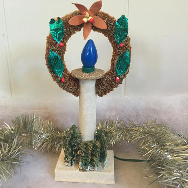 Vintage Light Up Christmas Candle With Bottle Brush Wreath, Candle Wreath With Glittery Putz Base 