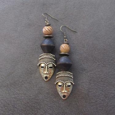 African mask earrings, tribal dangle earrings, wooden earrings, Afrocentric earrings, ethnic earrings, unique primitive earring, tiki brass 