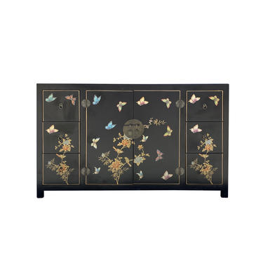 Chinese Black Vinyl Color Flower Butterflies Cabinet Sideboard cs6091E 
