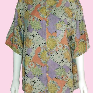 90s Tropical Print Shirt / Vintage 1990s Hawaiian Top / Button Up Shirt Unisex Small-Medium by VintageAlleyShop