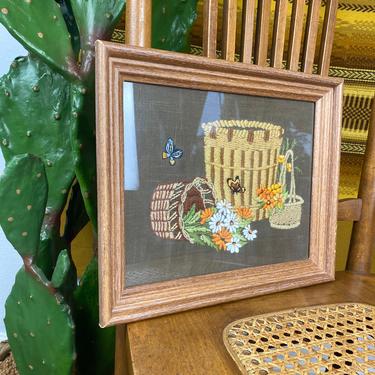 Vintage 1970s Embroidered Picture Baskets and Butterflies 