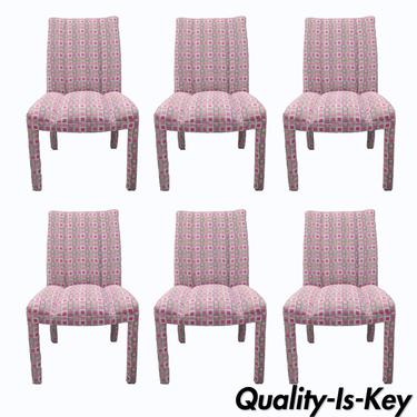 Upholstered Parsons Style Dining Chairs Hollywood Regency Pink and Sliver Square