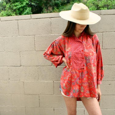 Berry Blouse // vintage 70s 80s cotton dress boho hippie Indian shirt tunic hippy red // O/S 