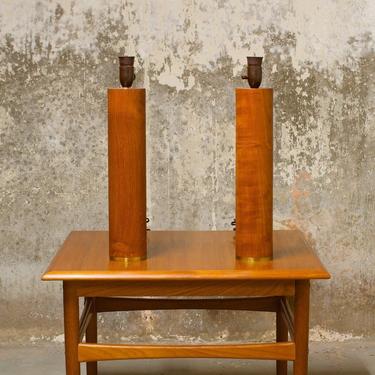 Solid teak table and brass lamps 