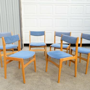 VTG Set of 6 DANISH MODERN DINING CHAIRS Birch Wood BLUE SEAT Mid Century Table