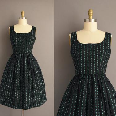1950s vintage dress | Black Cotton Blue Floral Print Full Skirt Summer Dress | Small | 50s dress 