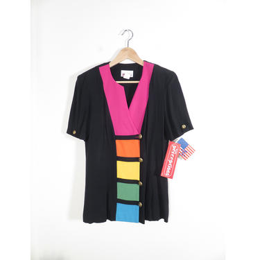 Vintage 80s Deadstock Rainbow Colorblock Blouse Size L 