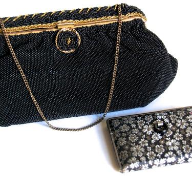 Vintage French Black Beaded Clutch with Compact Midcentury Evening Bag Luxury Accessories Formal Wear Beaded Pouch Purse Gift for Her 