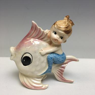 Vintage Ceramic Mermaid Riding Fish Figurine Norcrest Japan Free Standing 