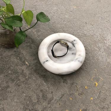 Vintage Marble Ashtray Retro 1970s White and Gray + Round Shaped + Smooth + Polished + Stone + Lipped + 3 Cigarette + Home Styling + Decor 