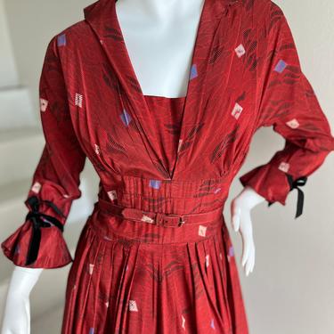 Beautiful 1950s Satin Taffeta Party Dress by Van San 36 Bust Vintage Print Red 