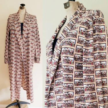 Vintage Mens Robe Novelty Print Medieval Boats Knights Naval Scene / MCM Wise Robes of Distinction Colorful Cotton Print / M / Roger 