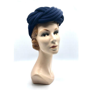 Vintage 1940s Blue Twisted Fabric Turban, Old Hollywood Glamour Hat 