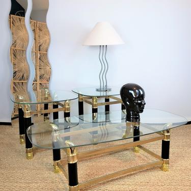 LOCALS ONLY - Black Brass Tusk Glass Top Coffee &amp; End Tables 3pc Set by Italian Designer Tommaso Barbi MCM Hollywood Regency Art Deco 
