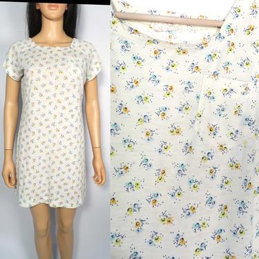 Vintage 60s Floral Pocket Tshirt Dress Nightgown Size M/L 