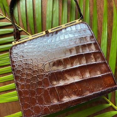 Vintage 60’s Brown Leather Top Handle Hand Bag with Brass Trim Women’s 1960’s Structured Purse 