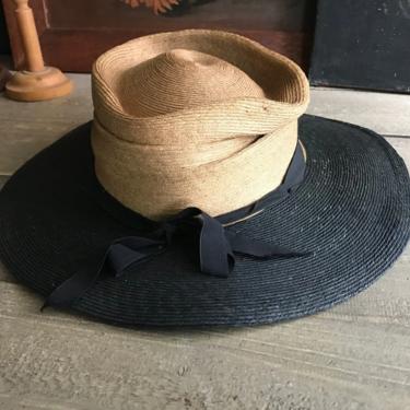 French Black Straw Hat, Edwardian, Two Tone, Original Label, Antique Downtown Abbey Style 