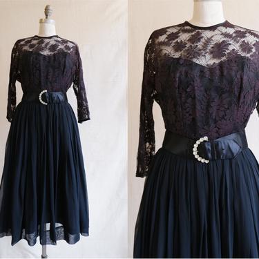 Vintage 50s Black Chiffon and Lace Dress/ 1950s Belted Formal Party Dress with Sleeves/ Size Medium 28 