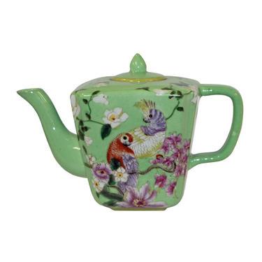 Ceramic Decorative Green Color Teapot With Parrot and Flowers Painting n586E 