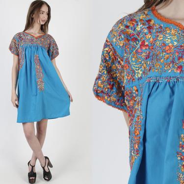 Sky Blue Oaxacan Mini Dress / Orange Fire Color Hand Embroidered Dress / Vintage Womens San Antonio Folklorico Dress 