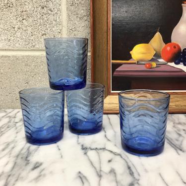 Vintage Drinking Glasses Set Retro 1960s KIG Indonesia + Mid Century Modern + Cobalt Blue + Wave Design + Set of 4 Matching + Kitchen Decor 