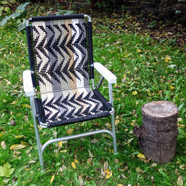 Woven Outdoor Chair in Cool Neutral Colors, Unique Folding Macrame Lawn Chair Zig Zag Pattern Glamping Seating, Camp Festival forest fathers 
