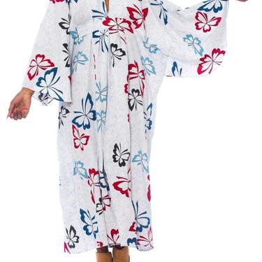 MORPHEW COLLECTION Blue & White Cotton Red Butterfly Kaftan Made From Vintage Japanese Kimono Fabric 