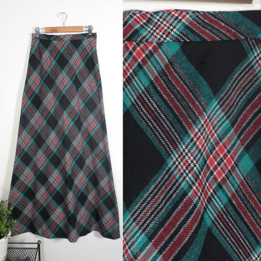 Vintage 70s Plaid Wool Blend Maxi Skirt Size 25 Waist 