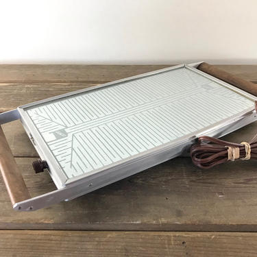 Salton Hotray Mid-Century Electric Warming Tray 14&amp;quot; Hot Plate with Glass Top and Walnut Wood Handles 