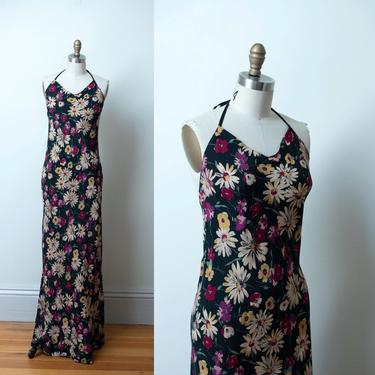 1930s Silk Floral Print Dress / 30s Dark Floral Bias Cut Halter Gown 