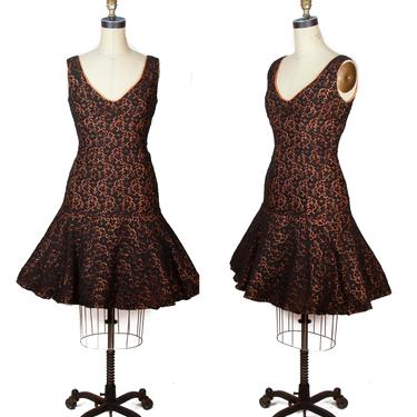 1950s Dress ~ Black Lace and Orange Mermaid Hem Wiggle Dress 