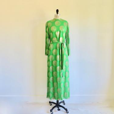 Vintage 1970's Mod Lime Green and Gold Silk Brocade Long Maxi Dress Long Sleeves Evening Cocktail Party Size Medium 