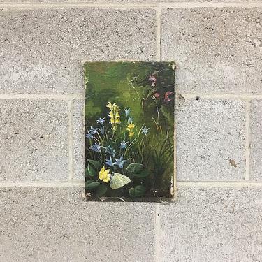 Vintage Floral Painting 1960s Retro Size 8x12 Oil Paint on Nailed Canvas of Blue Yellow and Purple Flowers in a Green Field Signed by Artist 
