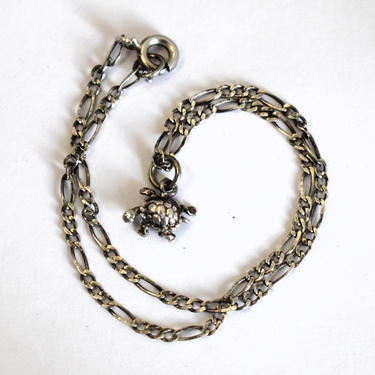 Whimsical little 70's sterling turtle on figaro chain boho anklet, clever tiny 925 silver tortoise charm ankle bracelet 
