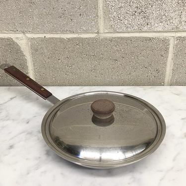 Vintage Frying Pan with Lid Retro 1970s Stainless Steel + 10 Inch Skillet + Curved Wood Handle + Cookware + Home and Kitchen Decor 