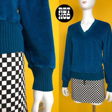 Vibrant Vintage 70s 80s Teal Blue Velour V Neck Sweater Sweatshirt Pullover Top 