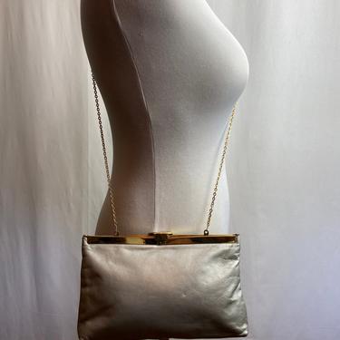 60’s- 70’s silver leather small glam purse ~long bright & shiny gold chain cross body shoulder bag, clutch purse multi use evening bag 