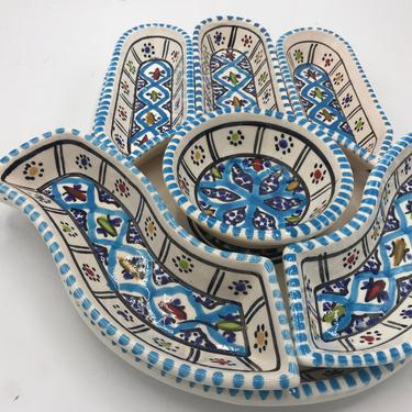 7 Pieces Bohemian Blue Hamsa Palm, Hand of Fatima Dippers, Dipping and Serving Ceramic Plates Handmade, Hand-painted 