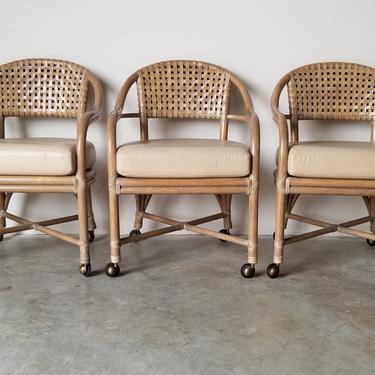McGuire Rattan and Leather Dining Chairs on Caster - Set of 3 