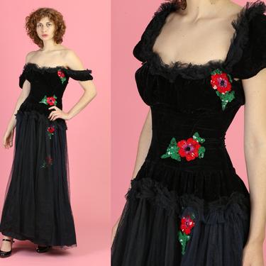 1930s Velvet &amp; Floral Sequin Evening Gown - XS to Small | Vintage 30s 40s Black Formal Floor Length Mesh Net Maxi Dress 