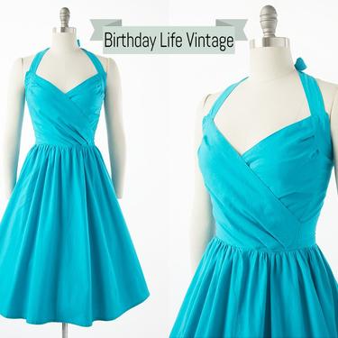 Vintage 1990s Dress | 90s does 50s Turquoise Cotton Sundress Halter Strap Button Back Full Skirt Day Dress (small) 