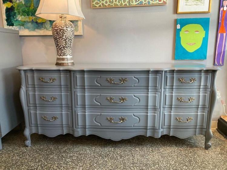 9 drawers to store! Gray French provincial dresser. 74.5” x 20” x 32” 