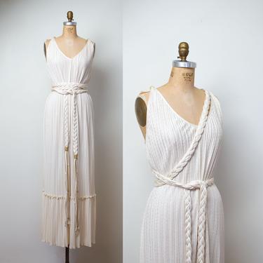 1980s Mary McFadden Dress / 80s Fortuny Delphos Pleats Grecian Wedding Gown Braided Belt 