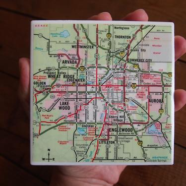 1971 Denver Colorado Vintage Map Coaster - Ceramic Tile - Repurposed 1970s Husky Road Map - Handmade - Englewood Lakewood Littleton 