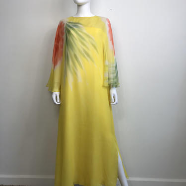Vtg 60s 70s yellow silk floral caftan hostess overlay dress 
