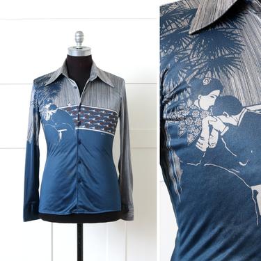 mens vintage 1970s Nik Nik shirt • italian disco novelty print shirt • Victorian lovers, palm trees, and Art Deco cranes 
