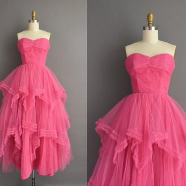 1950s vintage dress | Gorgeous Bubble Gum Pink Strapless Full Skirt Party Prom Dress | XS | 50s dress 