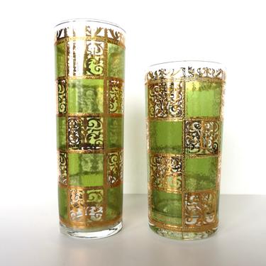 Set Of 2 Culver Prado Green Glasses, Hollywood Regency Green And Gold Ice Tea And Highball Tumblers, 1960s Retro Gold Barware 